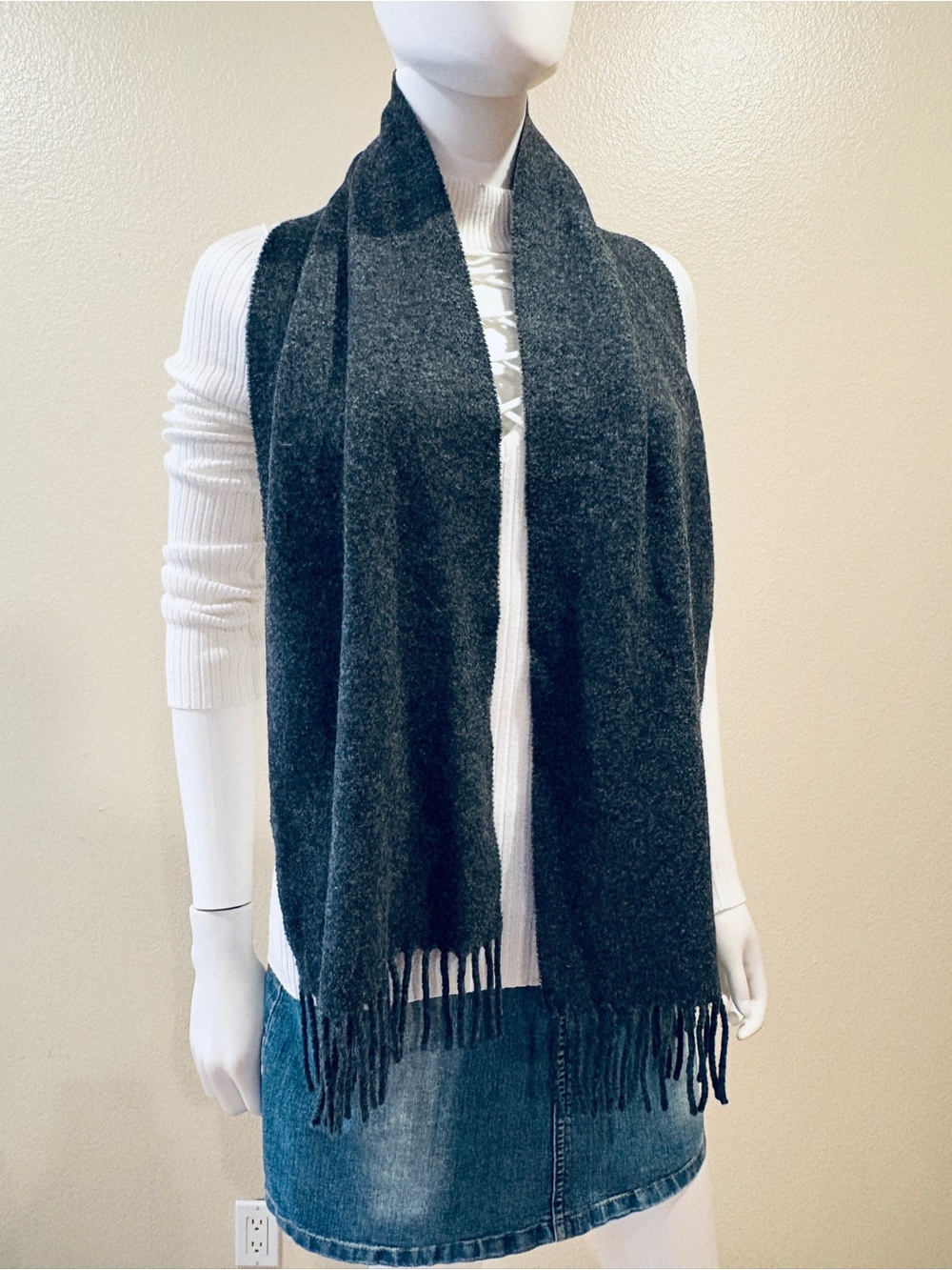 Polo Ralph Lauren Mens Classic Lambswool Scarf Charcoal Grey Wool Fringe Unisex